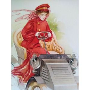 Victorian Art Print Lady Driving Jalopy Car Original 10X13 Litho 1908 Maud Stumm